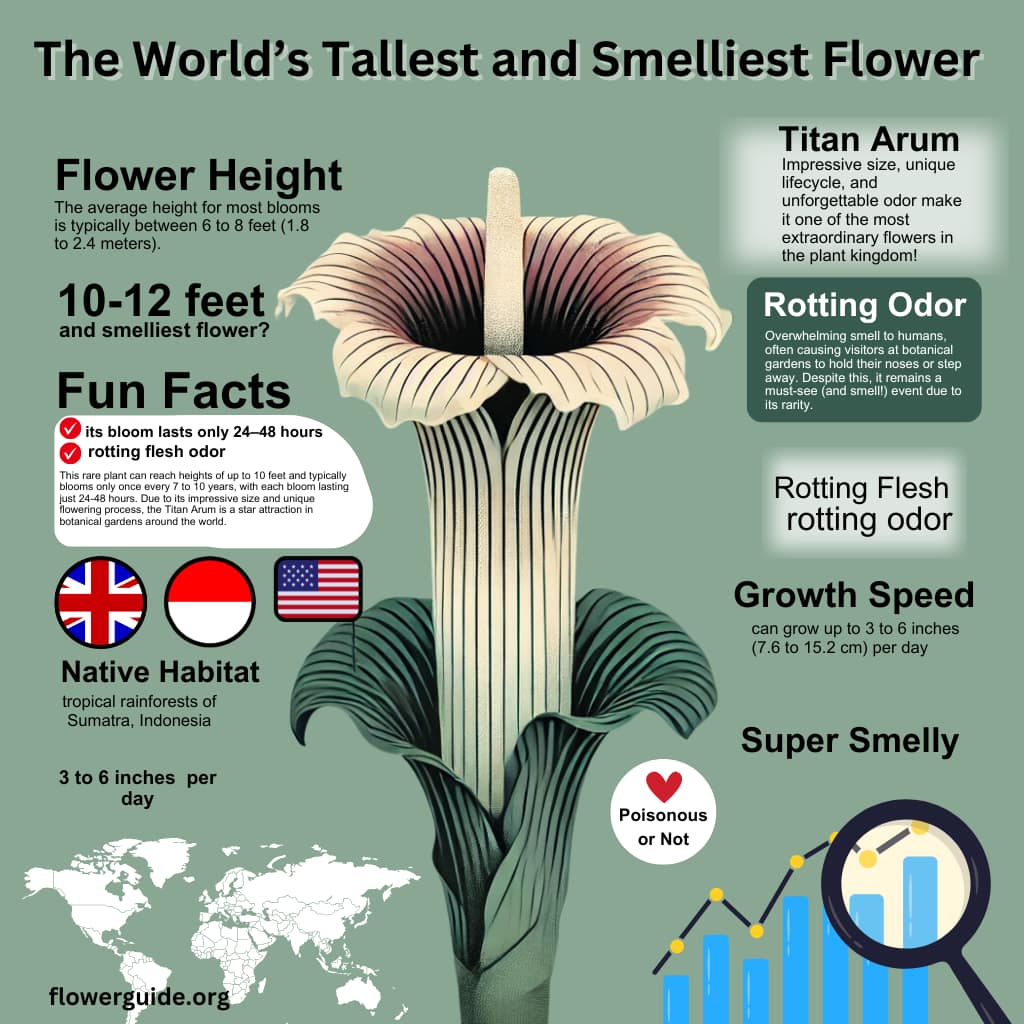 Infographic titled 'The World’s Tallest and Smelliest Flower' featuring facts about the Titan Arum, including its height of 10-12 feet, its rotting flesh odor, tropical habitat in Sumatra, Indonesia, and growth speed of 3 to 6 inches per day.